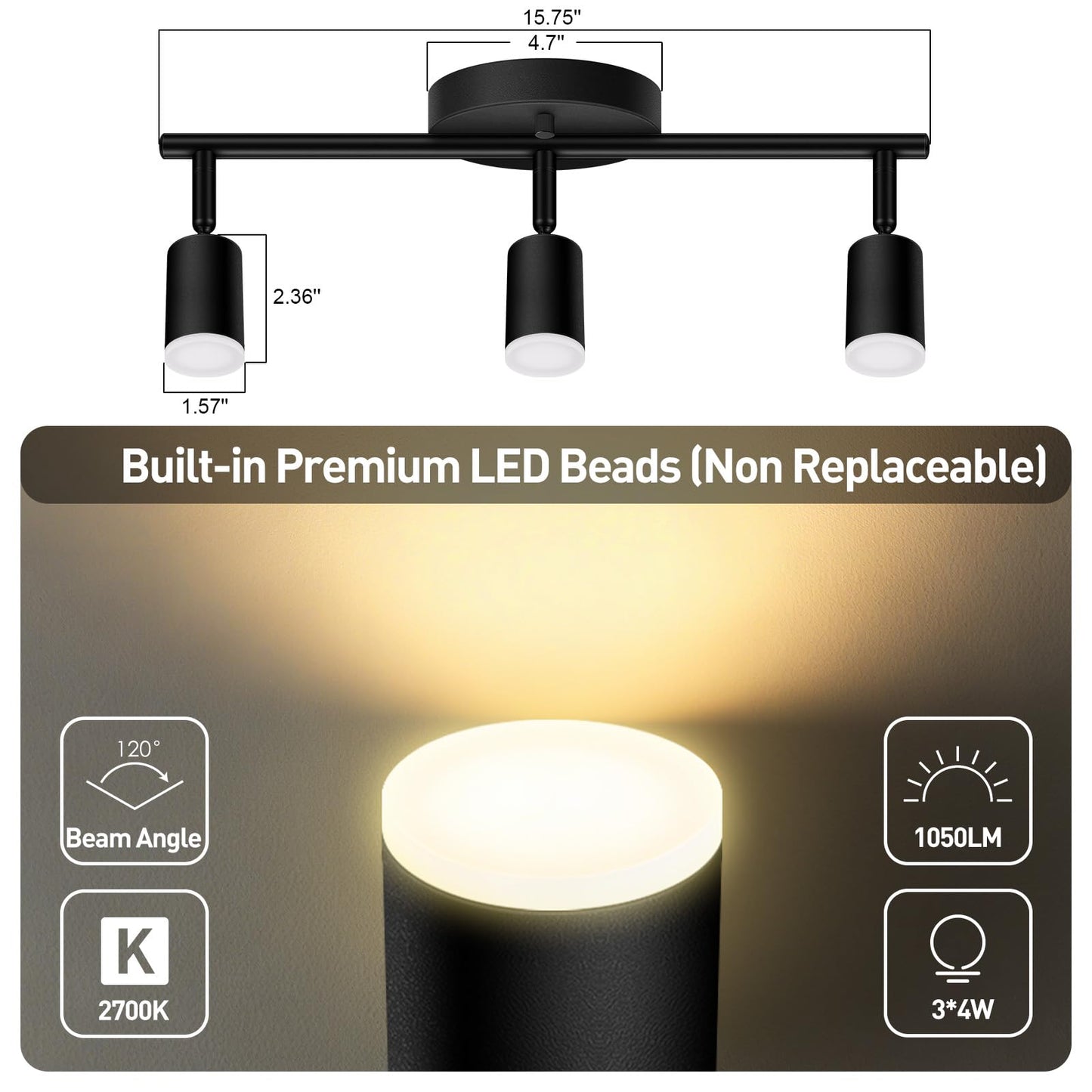 Auquee 3 Light Track Lighting Fixtures Ceiling  12W/2700K Black Track Lighting With Acrylic Lampshade & Rotatable Light Heads  20000Hrs Lifespan  Modern Led Track Lights Ceiling For Kitchen/Hallyway