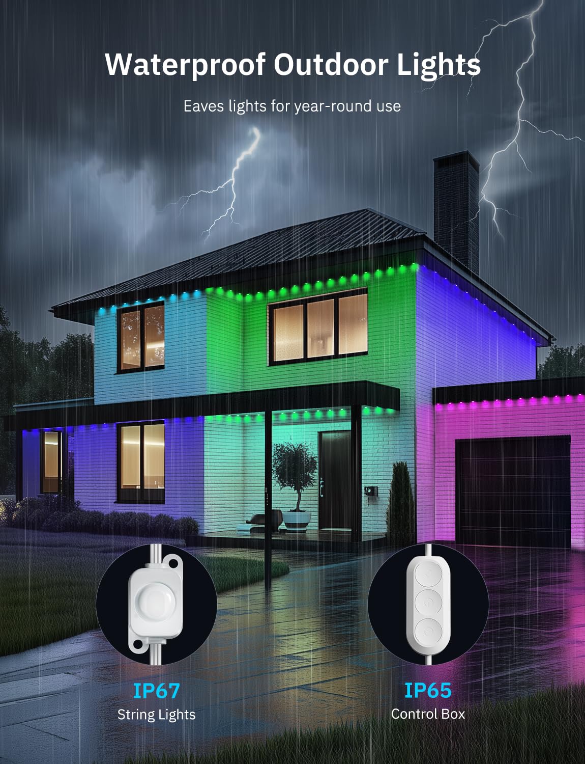 Lemonlovely 100Ft Permanent Outdoor Ic+Rgb Lights  Ip67 Waterproof Smart Led Eaves Lights With App/Remote Control  Christmas Halloween Outdoor Light With Diy Decor For House Roof And Garden Lighting