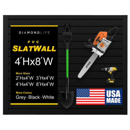 Heavy Duty 4x8 PVC Garage Slatwall Storage System (with Endcaps & Screws) - Modular Slat Wall Paneling for Garage Wall Organizer - Interlocking Slatwall Panels for Home & Commercial Use (Black)