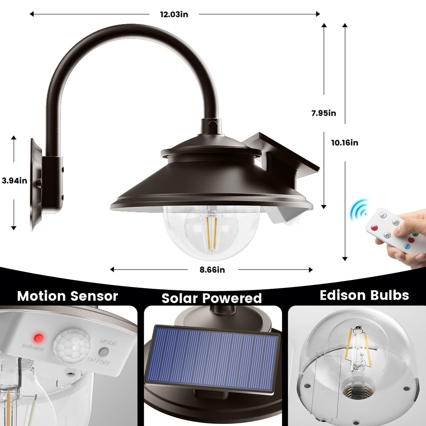 Siedinlar Solar Barn Light Outdoor 3 Modes 2 Lighting  Garage Shed Light Gooseneck Farmhouse Wall Light Waterproof With Remote/Motion Sensor For Garage Barn Shed Chicken Coop Dark Bronze (2 Pack)