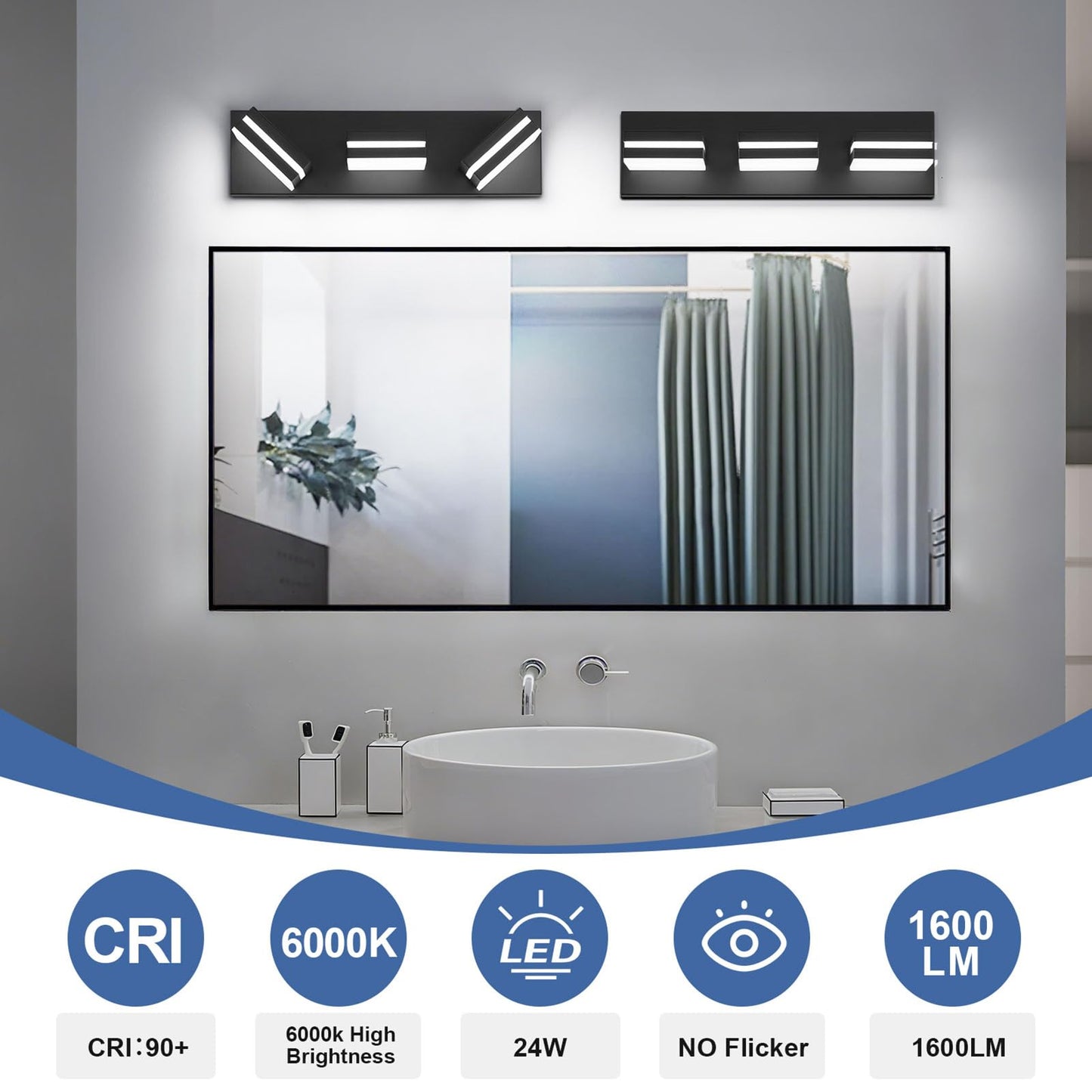 Jzekvn Modern Led Bathroom Lights Fixtures(3-Light) Metal Black Acrylic Wall Lighting Vanity Lights For Bathroom Over Mirror(6000K 16In