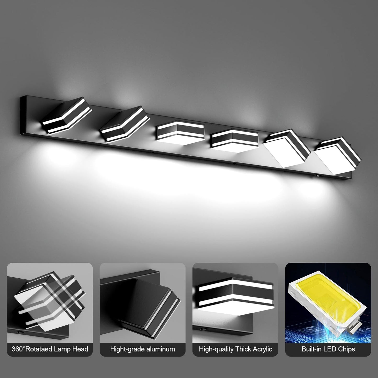 Ralbay 48Inch Black Bathroom Vanity Light With 5 Color Temperatures (3000K-6000K) Dimmable Metal Acrylic Modern Led Matte Black Bathroom Lighting Over Mirror (6-Light)