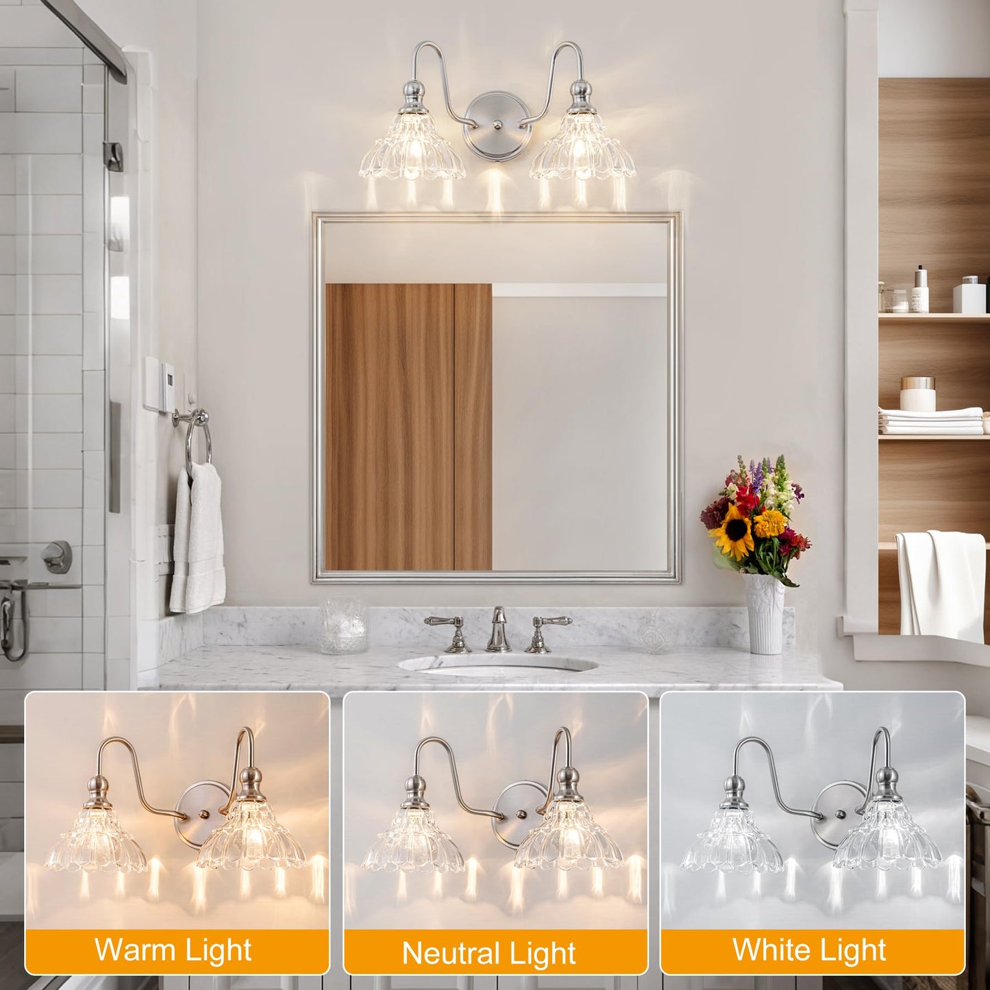 Brknit Vintage Bathroom Light Fixtures Over Mirror  2-Light Brushed Nickel Wall Sconce Lighting With Flower Glass Shade  Farmhouse Vanity Lights For Bedroom Kitchen Living Room Hallway Light