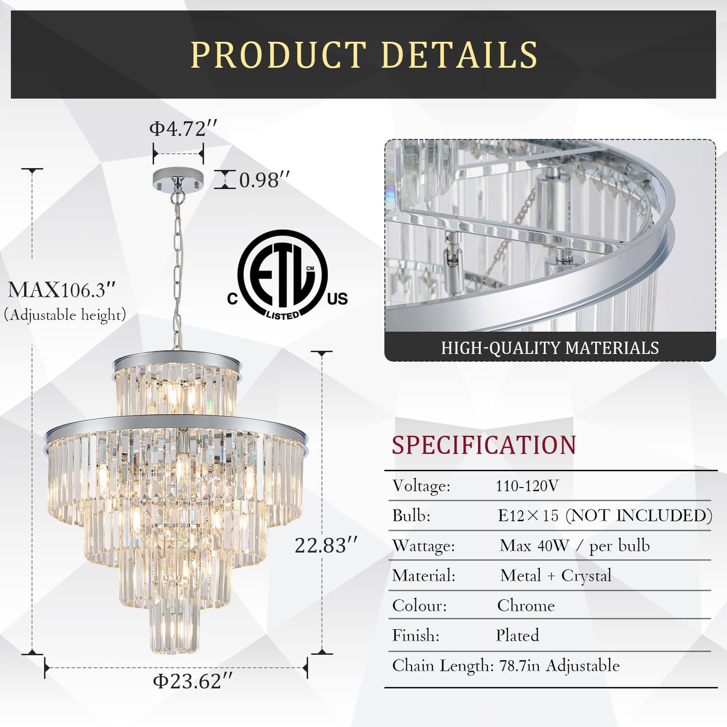 Modern Crystal Chrome Chandelier 15 Lights 24 Round Light Fixture stylish 5-Tier K9 Crystals Chandelier Contemporary Pendant Lighting For Dinning Room Living Room Foyer Kitchen