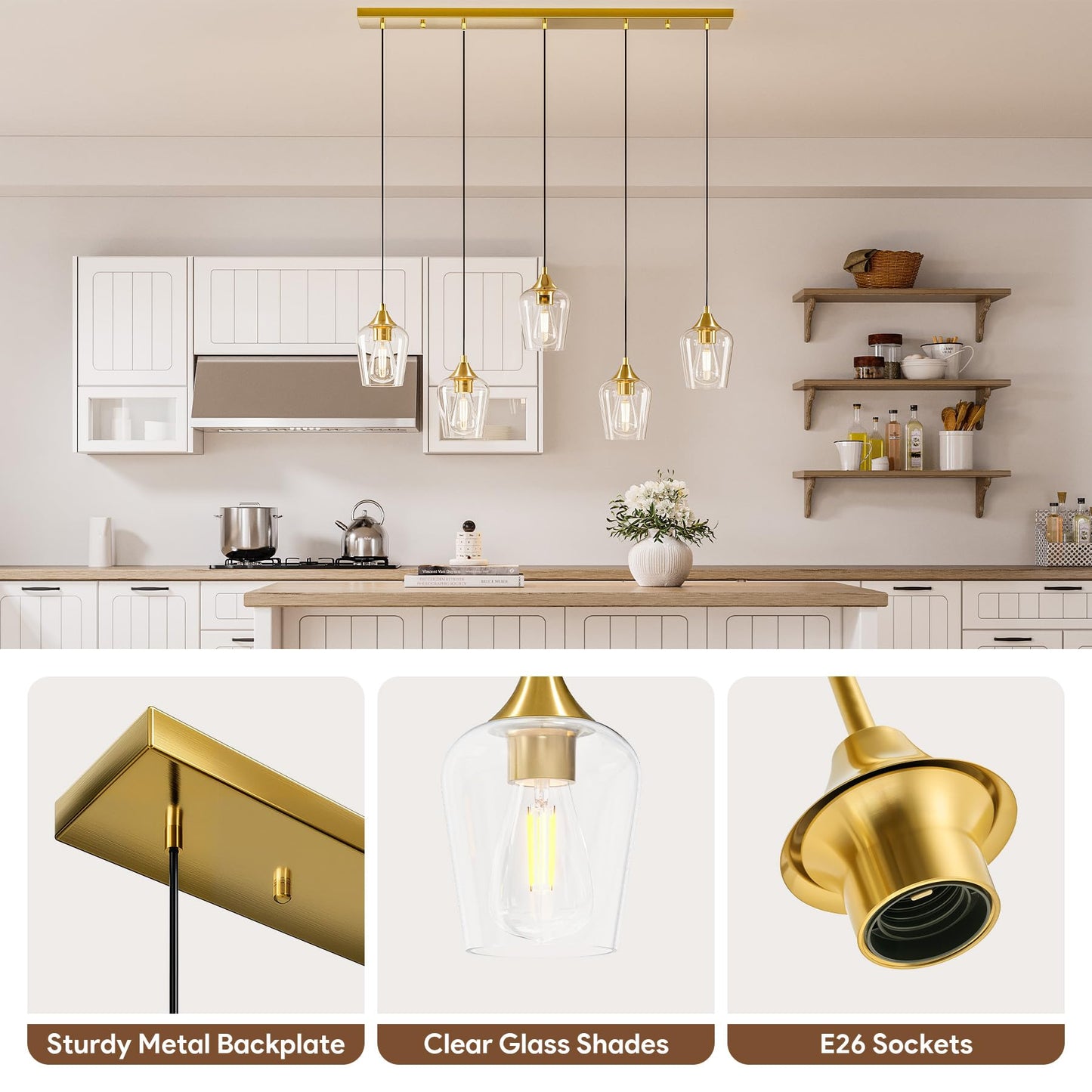 Vonluce 5-Light Pendant Light Kitchen Island  Pendant Light Fixture With 10-55 Height  Modern Pendant Lighting With Wine Glass Shades For Living Room Hallway  Brushed Gold  Etl Certificated