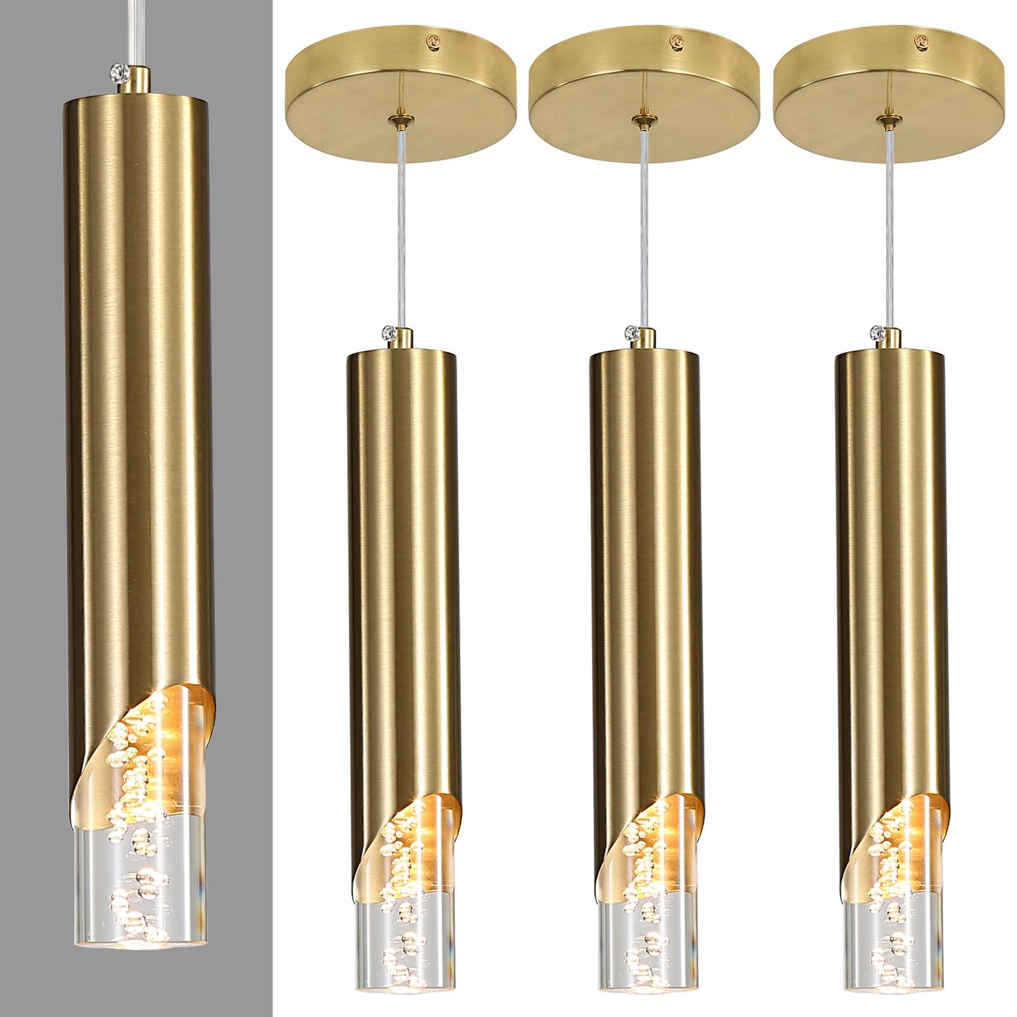 3 Pack Modern Gold Pendant Light Fixture  Acrylic Bubble Cylinder Hanging Lights  3 Color Temperatures  Minimalist Ceiling Chandelier Lighting For Dining Room  Bedroom  Hallway  Bar  Kitchen Island