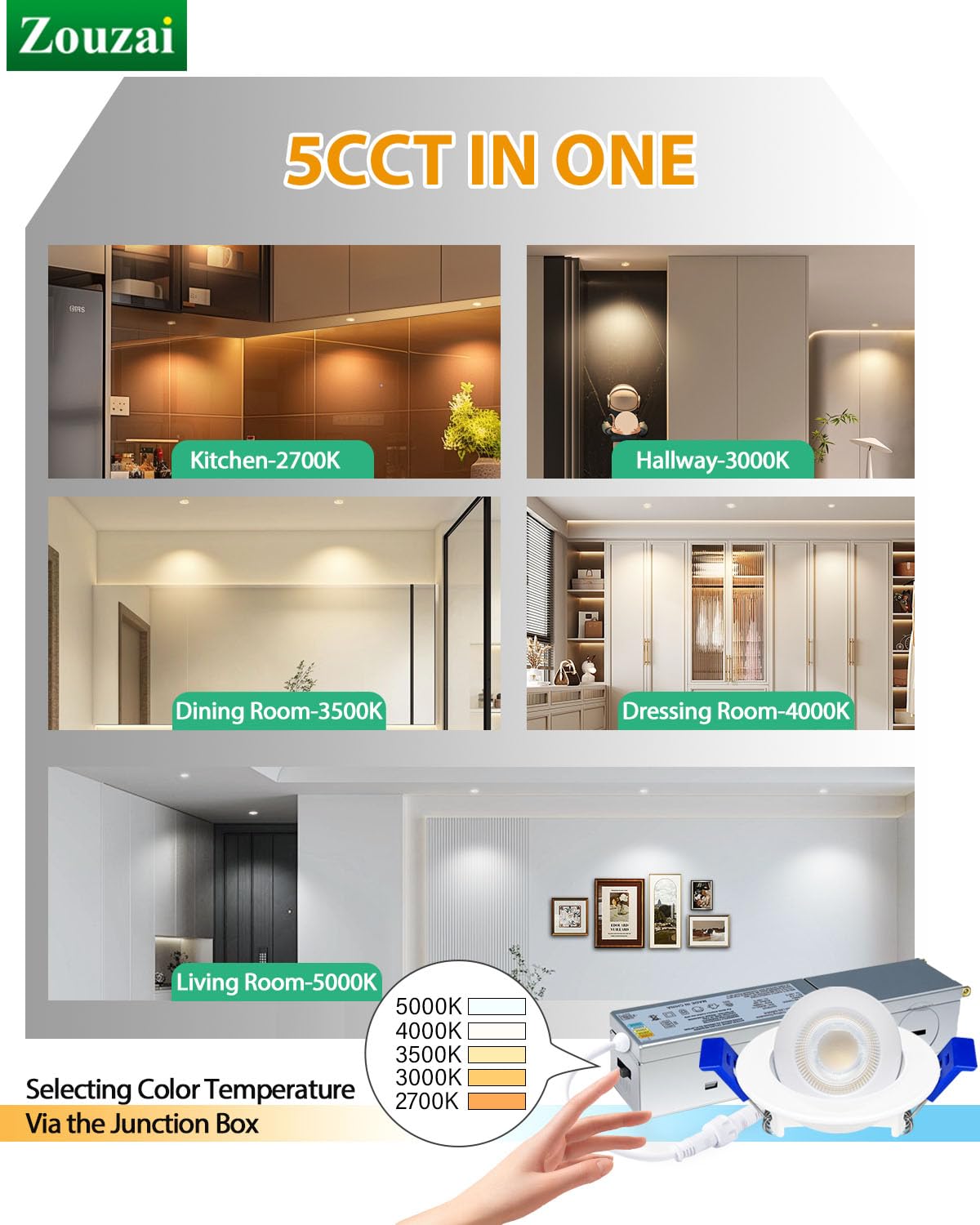 Zouzai 2 Inch 5Cct Gimbal Led Recessed Lighting With Junction Box  360+90 Adjustable Recessed Can Lights  2700K/3000K/3500K/4000K/5000K Selectable  5W Eqv 50W  550Lm Brightness - Etl (White 6 Pack)