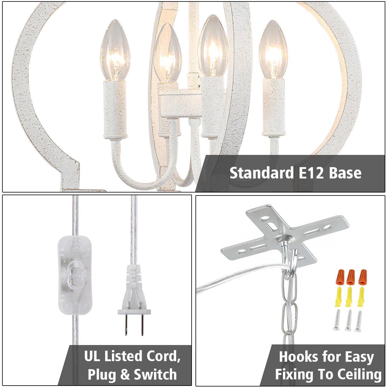 Lasenchoo Plug In White Farmhouse Chandelier Lighting With Long Cord  4-Light Hanging Light Fixture Plug In Pendant Light For Ceiling  Wood Rustic Geometric Chandeliers For Dining Room Gazebo Outdoor