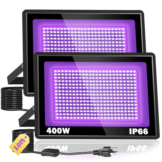Pizhlo 2 Pack 400W Led Black Light  Blacklight Flood Light With 10Ft Plug & Switch  Ip66 Waterproof Outdoor Floodlight For Halloween Fluorescent Poster Body discomfort-reducingt Neon Glow In The Dark Stage Lighting