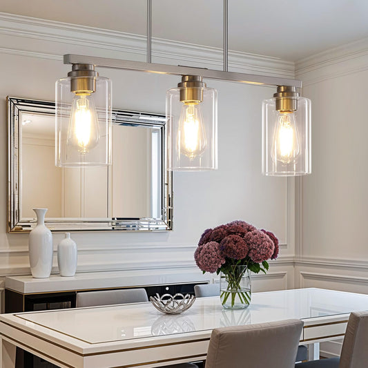 Mecgirn Island Light For Kitchen  Brushed Nickel Dining Room Light Fixture Over Table  3-Light Linear Chandelier Pendant Lighting For Dining Table Kitchen Island Living Room