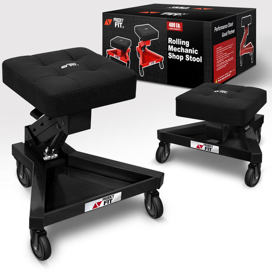 FreekyFit Mechanic Stool with Wheels, Hydraulic Adjustable Shop Stool on Wheels, Garage Work Rolling Chair for Workshop, 400 LBS Capacity, 4 Inch Casters, 360° Swivel Casters Roller Chair, Black