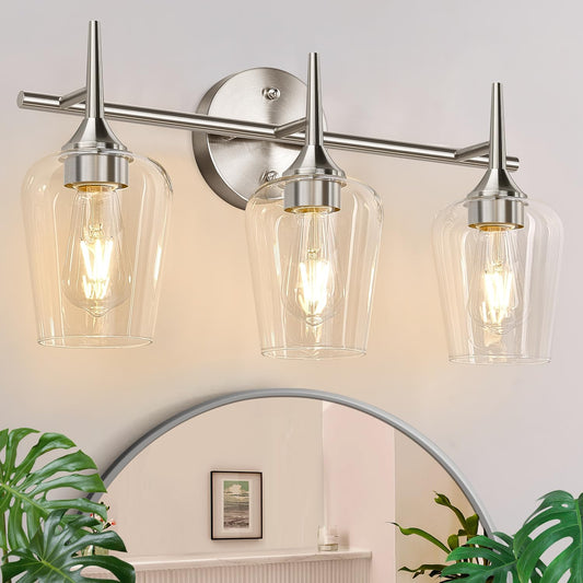 Mokatng 3-Light Bathroom Light Fixtures  19.5 In Brushed Nickle Vanity Lights For Bathroom With Clear Glass  Bathroom Lighting Fixtures Over Mirror  Modern Wall Lamp For Cabinet Hallway