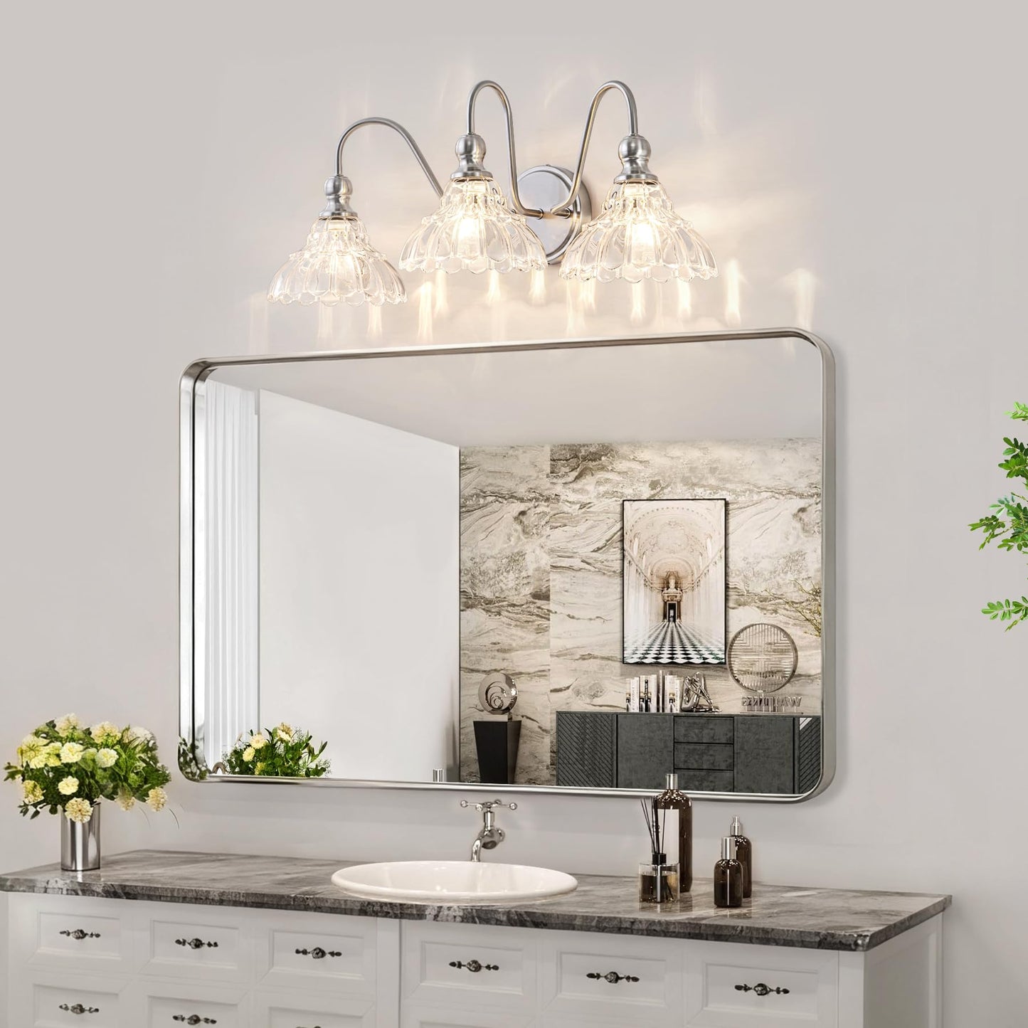 Brknit Vintage Bathroom Light Fixtures Over Mirror  3-Light Brushed Nickel Wall Sconce Lighting With Flower Glass Shade  Farmhouse Vanity Lights For Bedroom Kitchen Living Room Hallway Light
