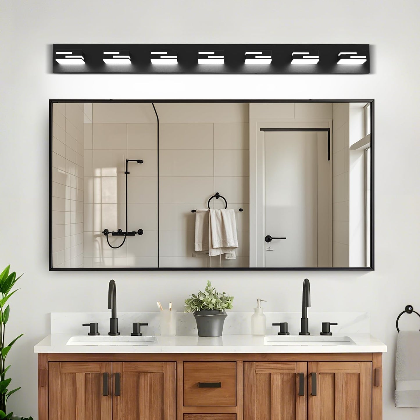 Lkhf Led Modern Bathroom Vanity Light Fixtures  7-Light 48-Inch Dimmable Matte Black Vanity Lights For Bathroom Lighting Fixtures Over Mirror  With 350?Rotatable Acrylic Heads (Cool White 6000K)