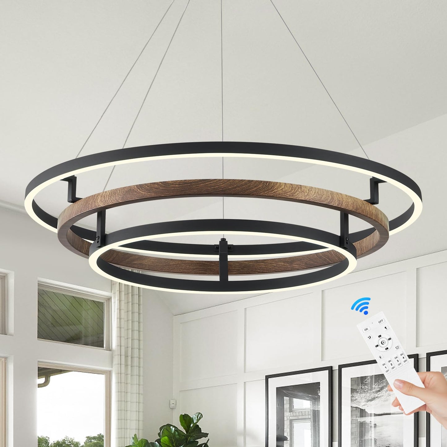 Benkut 3 Rings Modern Led Chandelier Black Dimmable Circular Pendant Light For Dining Room  Foyer Chandelier With Remote Control Flush Mount High Ceiling Light For Kitchen Living Room  D30.7In