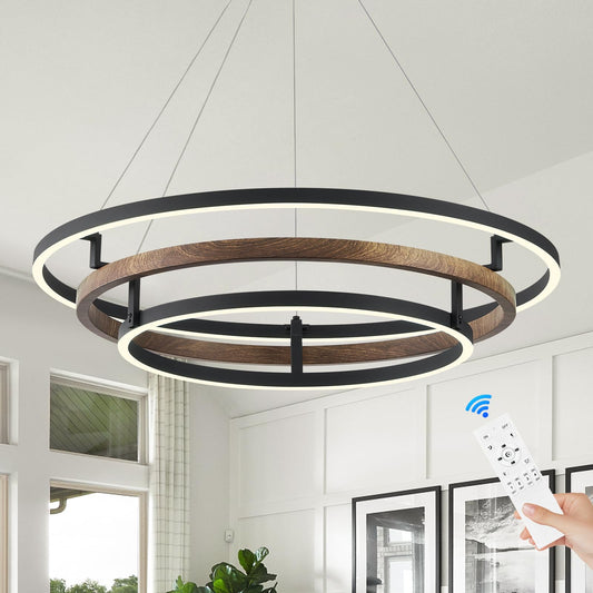 Benkut 3 Rings Modern Led Chandelier Black Dimmable Circular Pendant Light For Dining Room  Foyer Chandelier With Remote Control Flush Mount High Ceiling Light For Kitchen Living Room  D30.7In