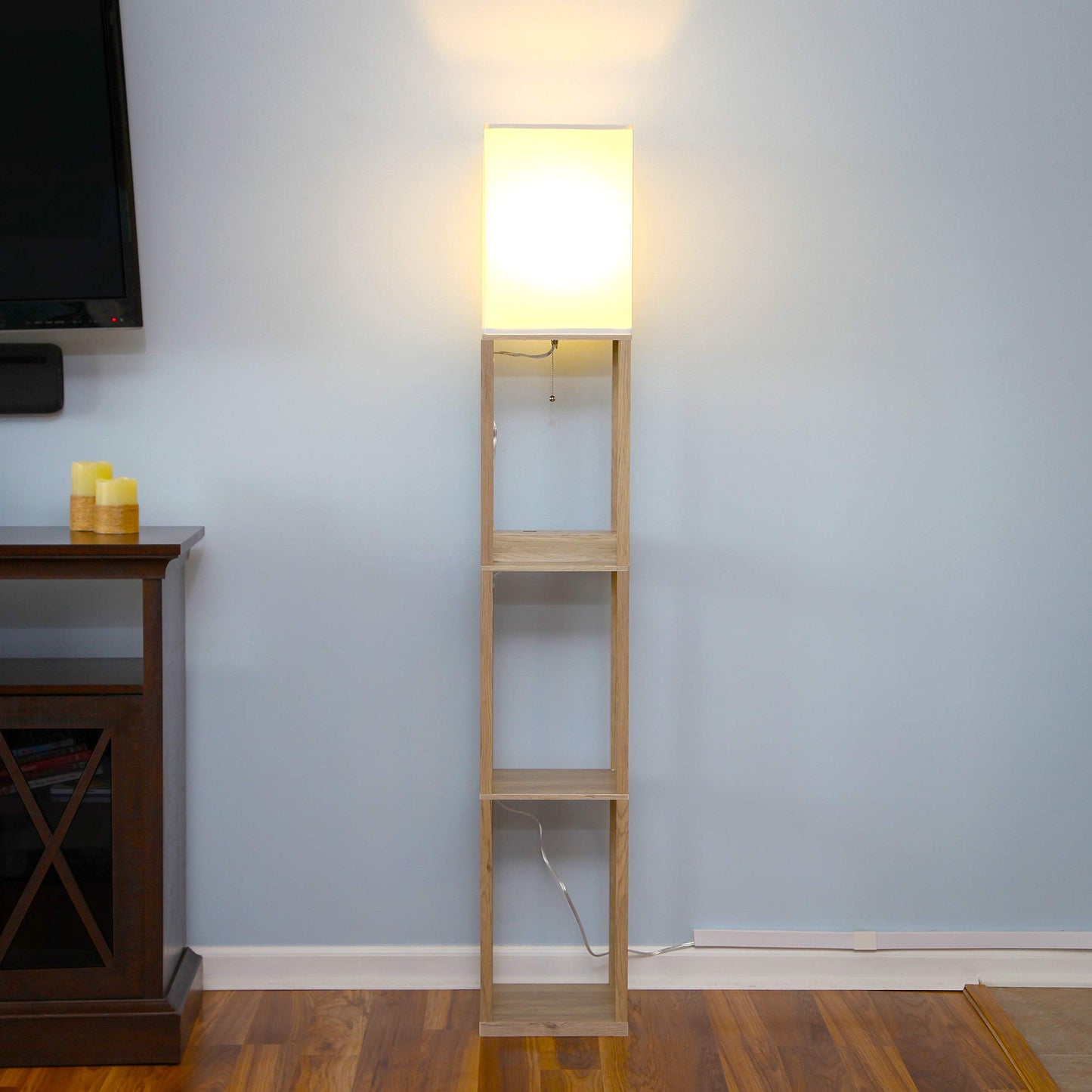 Brightech Maxwell Charger Floor Lamp with USB Ports, Rustic Wood, Model FL-MXUSB-RW, Modern Shelf Design for Living Room and Office