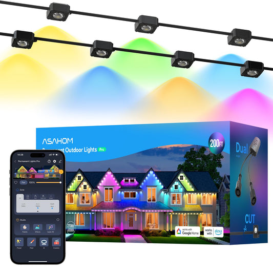 Asahom Permanent Outdoor Lights Pro S108D  200Ft With 144 Rgbcw Leds  Wled Integration  Ai Lighting  30000 Lighting Effect Combination  Ip67 Waterproof For Christmas New Year Daily Decor  Black