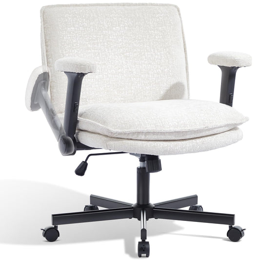 Morkprism Criss Cross Chair with Flip-Up Arms and Lockable Wheels, Plush Fabric Cross Legged Office Desk Chair，Wider 125°Tilting Adjustable Swivel Chai r for Home, Apartment, Bedroom,Pearl White