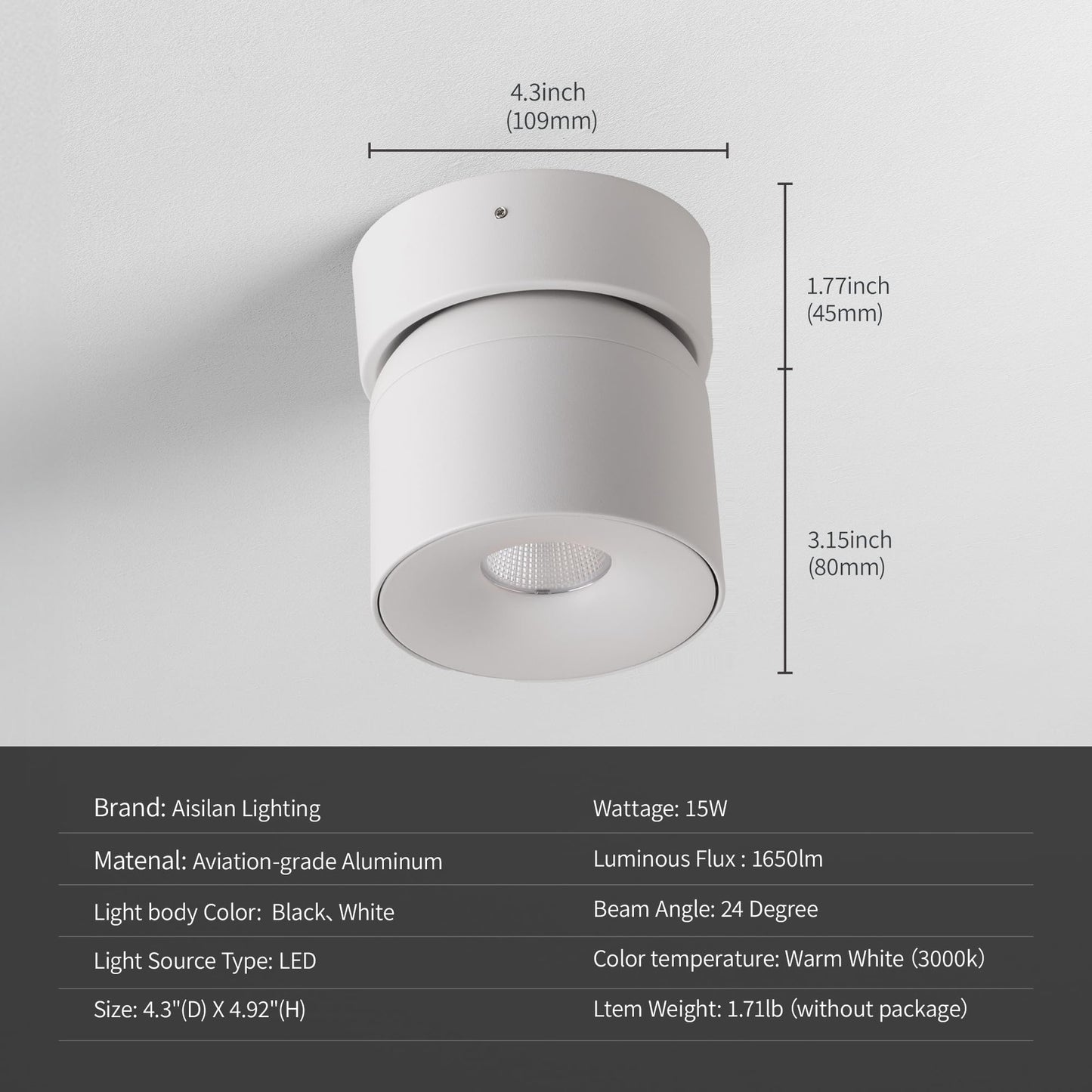Aisilan Dimmable Ceiling Spotlight  Modern Led Wired Spotlight Indoor 15W Spot Light 350 Directional Lighting  Wall Spot Lights For Picture Panting Living Room Bedroom  3000K Cri 97  White