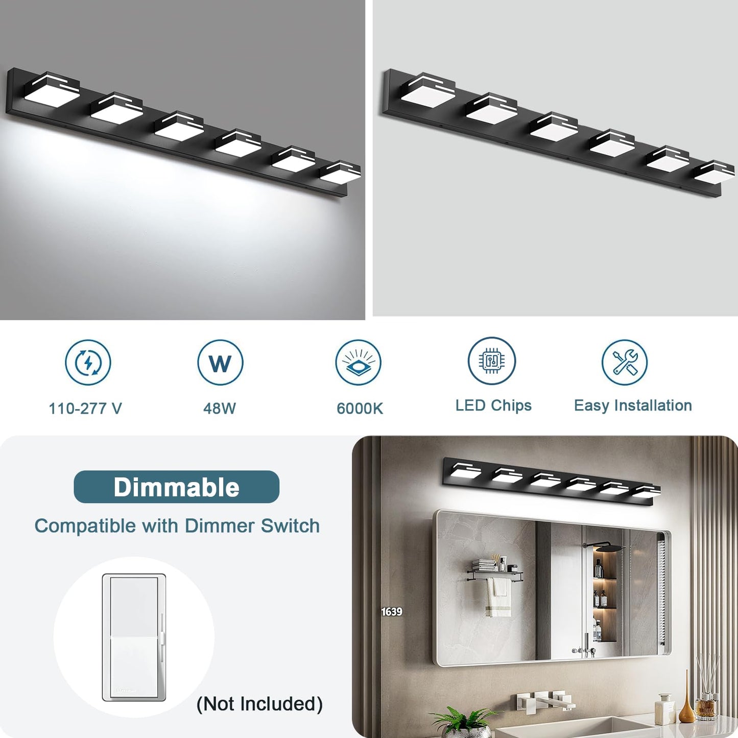 Lkhf Led Modern Bathroom Vanity Light Fixtures  6-Light 40-Inch Dimmable Matte Black Vanity Lights For Bathroom Lighting Fixtures Over Mirror  With 350?Rotatable Acrylic Heads (Cool White 6000K)