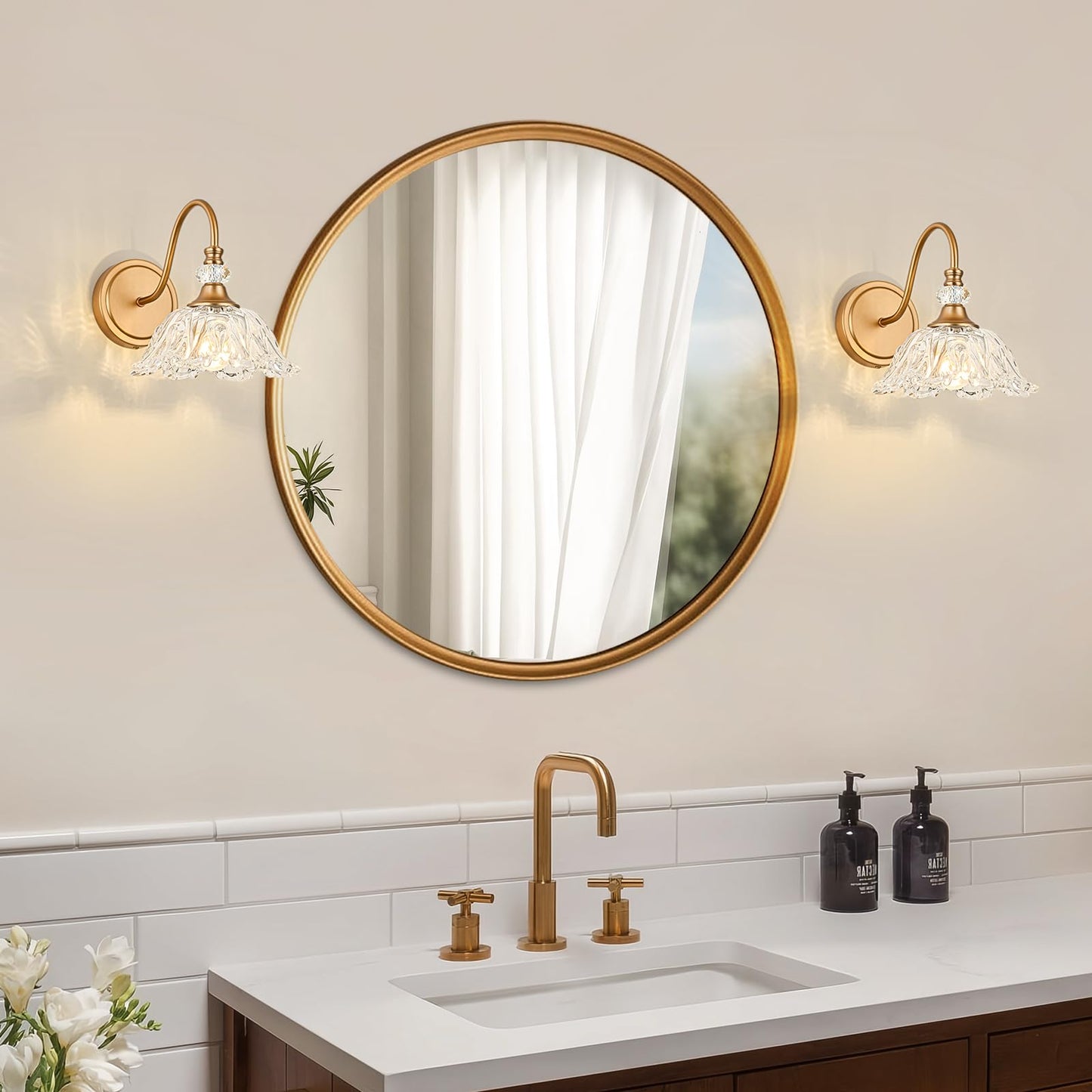 Sunkryster 1 Piece Vintage Wall Sconce With Floral Clear Glass Shade  Matte Deep Brass Finish Wall Mount Lighting For Bathroom Vintage Bathroom Vanity Light Fixture