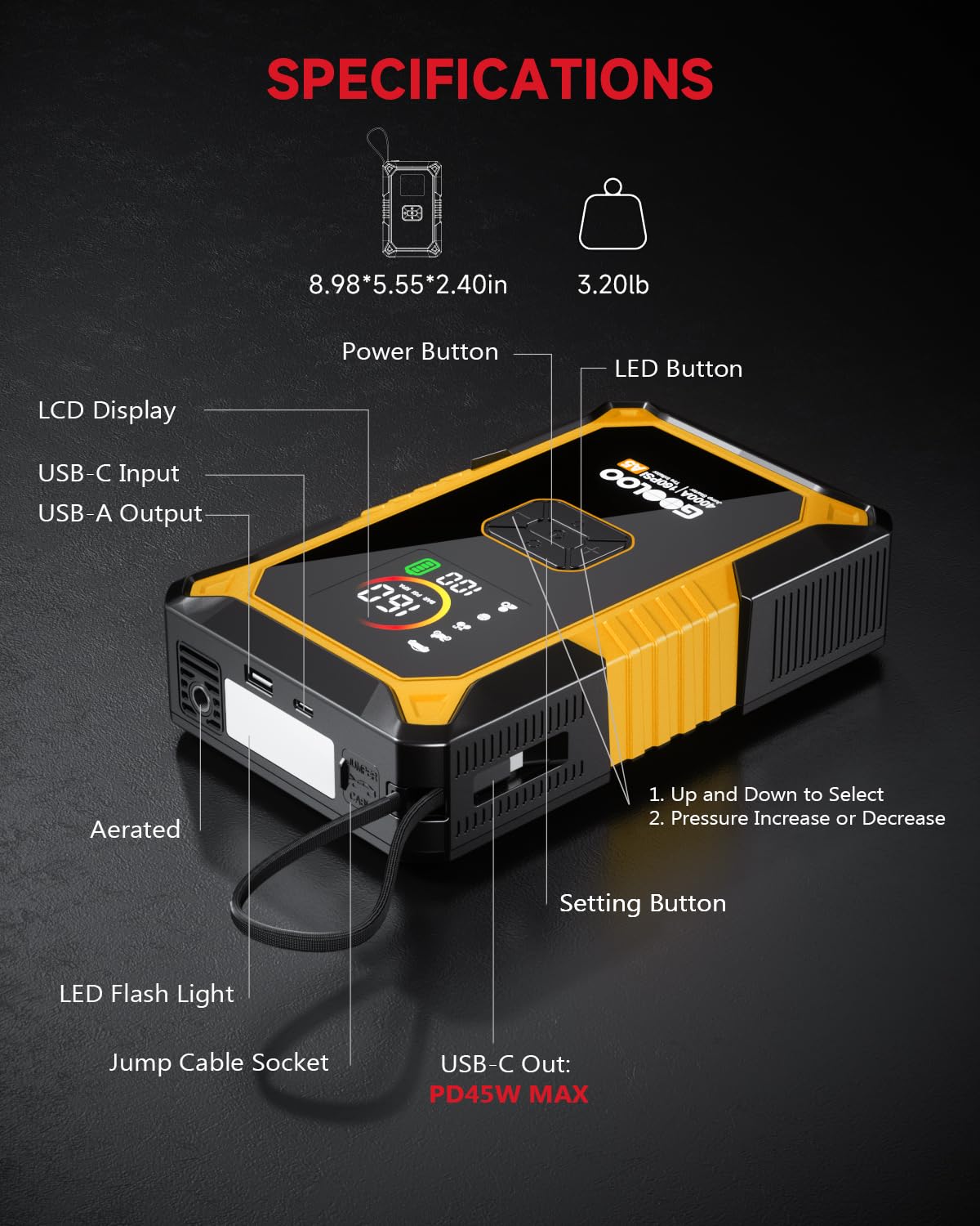 GOOLOO A5 Car Jump Starter with Air Compressor, 4000A Portable Car Jump Starter (All Gas/10.0L Diesel) with 160PSI Auto-Off Tire Inflator, 45W Output Power Bank,12V Battery Jumper Starter Portable