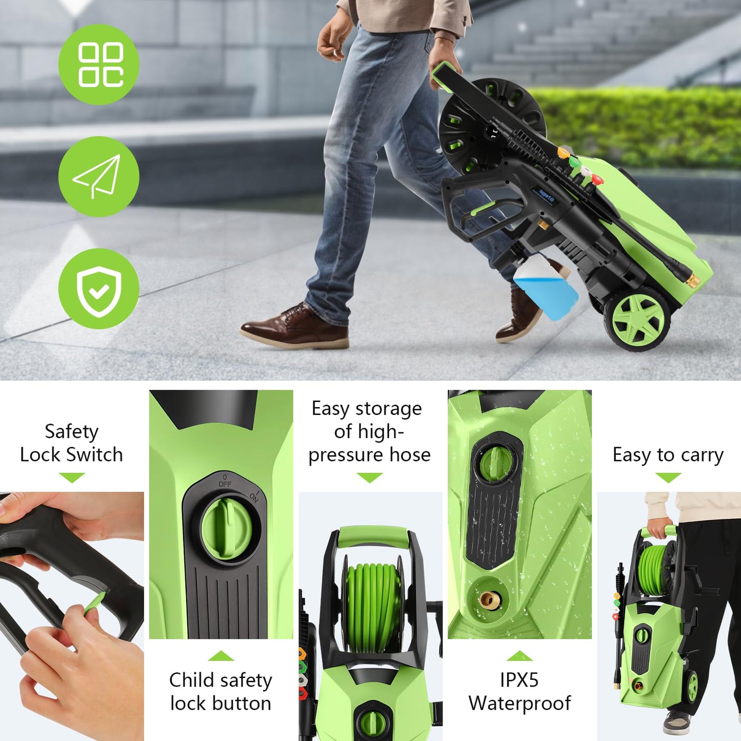 Electric Pressure Washer 5000 PSI,2.8 GPM Power Washer with Foam Cannon,Portable Cleaner with 33ft Hose Reel,4 Nozzle Tips,and Soap Bottle for Cars/Home/Driveways/Patios/Decks/Fences