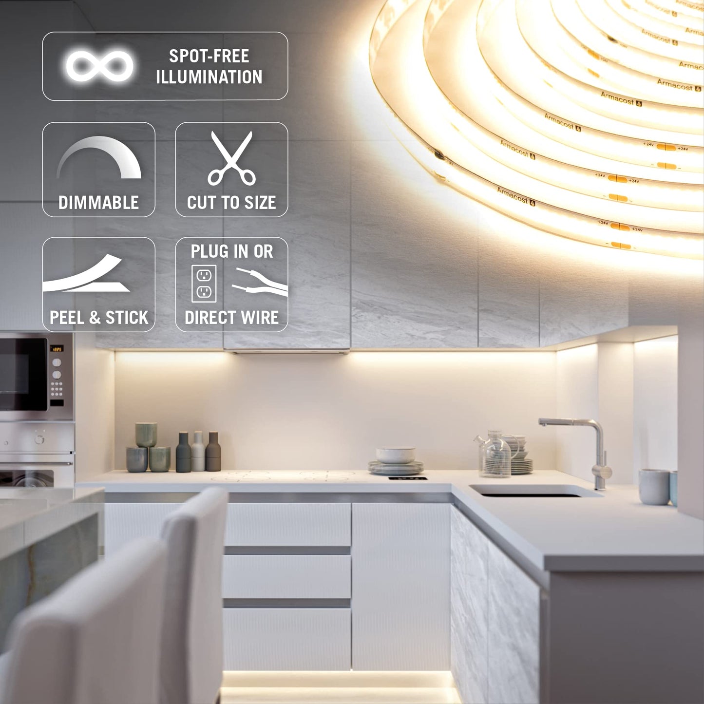 Armacost Lighting LED Tape Light Kit, 16ft, 3000K White Continuous (COB), Plastic, Model 421504