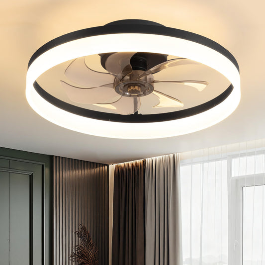 Pusu 15.8 Low Profile Led Ceiling Fans With Light  Reversible Flush Mount With Remote And 6 Winds Speeds Fan Lighting  3 Colors Dimmable For Bedroom  Garage  Kids  Dinning Room  Kitchen (Black)