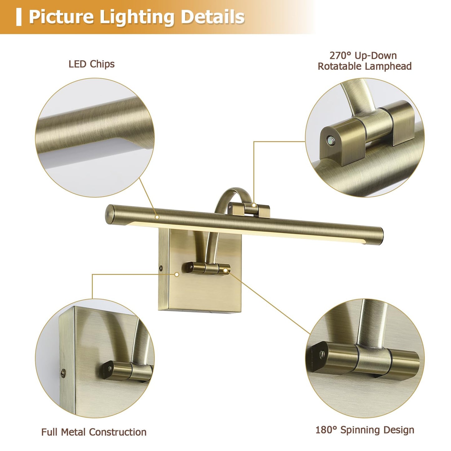 Desoop Picture Lights For Wall Hard-Wired Antique Bronze Picture Lighting Dimmable Art Light Led Gallery Lighting For Wall Portrait Artwork 15.75 Inch 7W 2700K