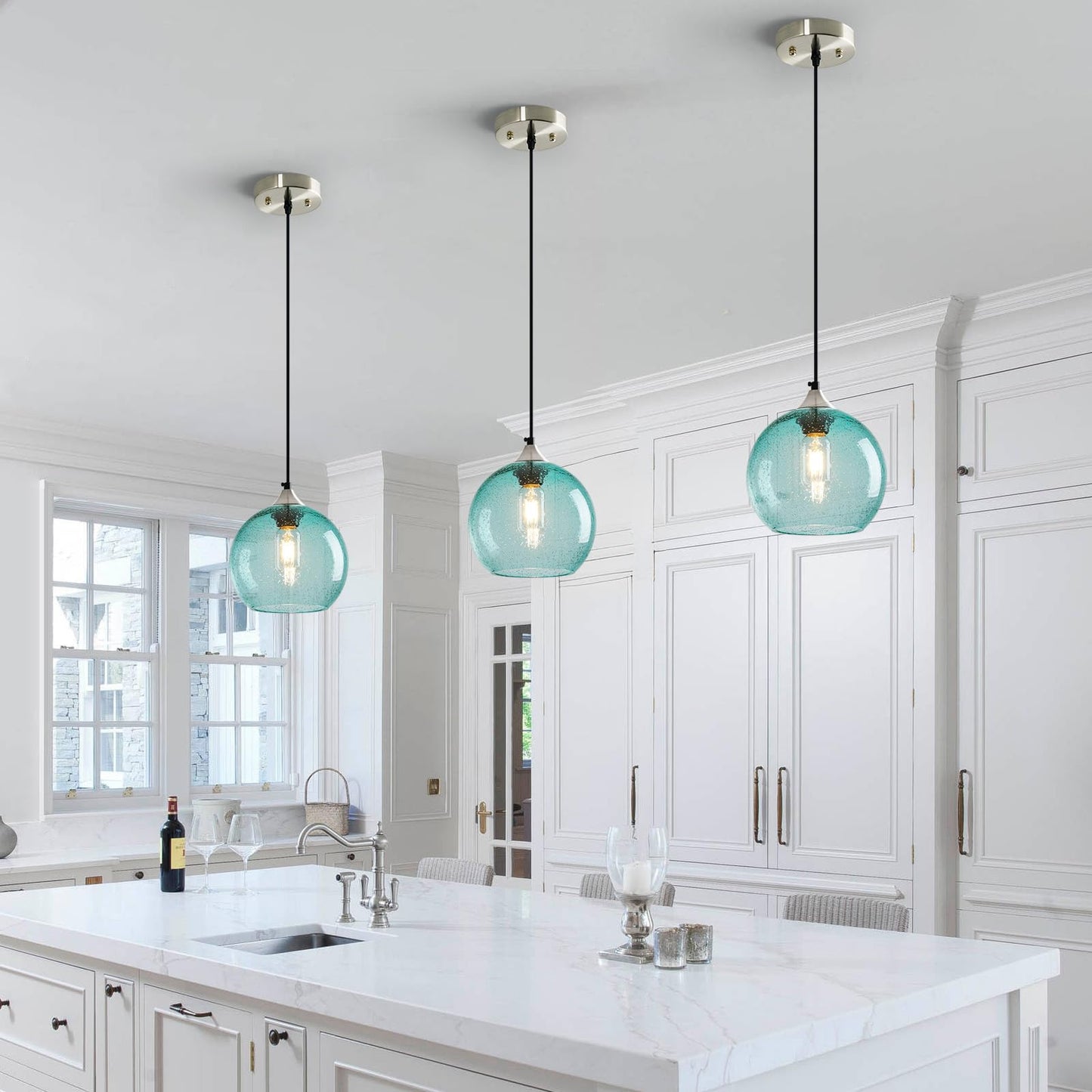 Lbsqj Light Blue Glass Pendant Lights Kitchen Island Lighting Globe Pendant Light Fixtures Modern Pendant Lighting For Bedroom Living Dining Room Light Fixture (7.87 In  1 Pack)