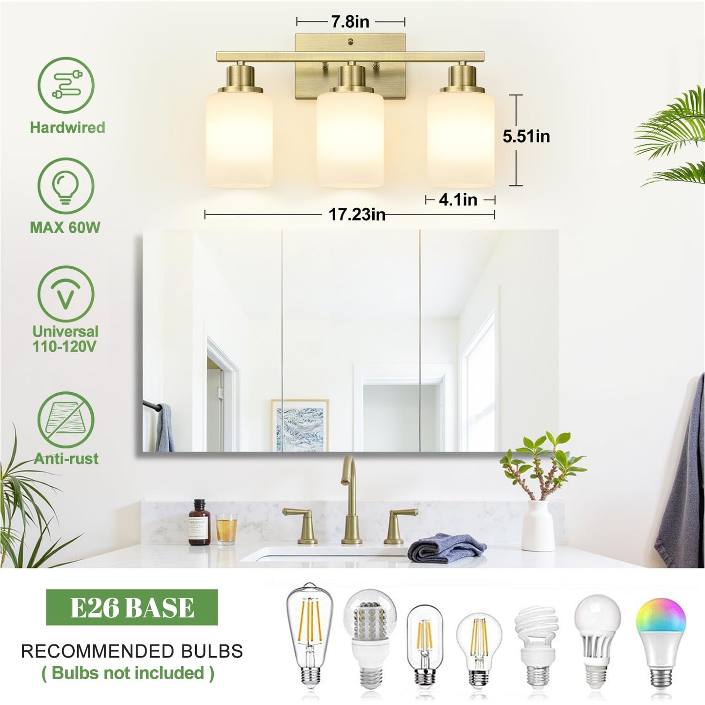 3-Light Bathroom Light Fixtures  Brass Vanity Light With Milky White Shades  Bathroom Lighting Fixtures Over Mirror  Modern Bathroom Wall Lamp For Mirror Living Room Cabinet Bedroom