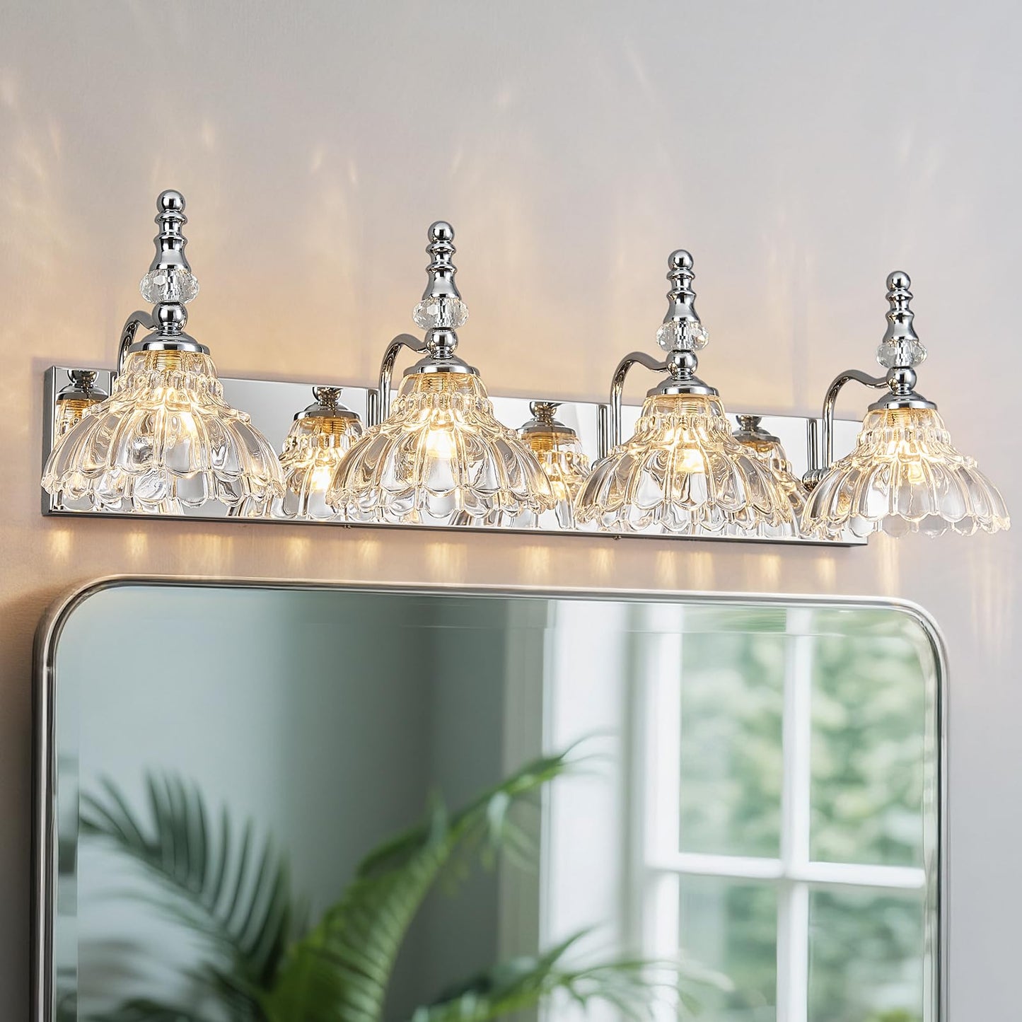 Lbsqj Vintage Bathroom Vanity Light  4-Light Chrome Vanity Lighting Fixture With Flower Glass Shade  Bathroom Lighting Fixtures Over Mirror