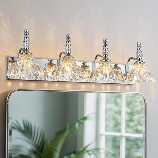 Lbsqj Vintage Bathroom Vanity Light  4-Light Chrome Vanity Lighting Fixture With Flower Glass Shade  Bathroom Lighting Fixtures Over Mirror