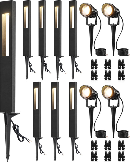Sunvie 12-Pack Low Voltage Pathway Lights Wired With Spotlights Led Outdoor Landscape Lighting Kit For Path  Garden  Yard  Patio  Cast-Aluminum  Ip65 Waterproof  12-24V Ac/Dc  3000K Warm White  Black