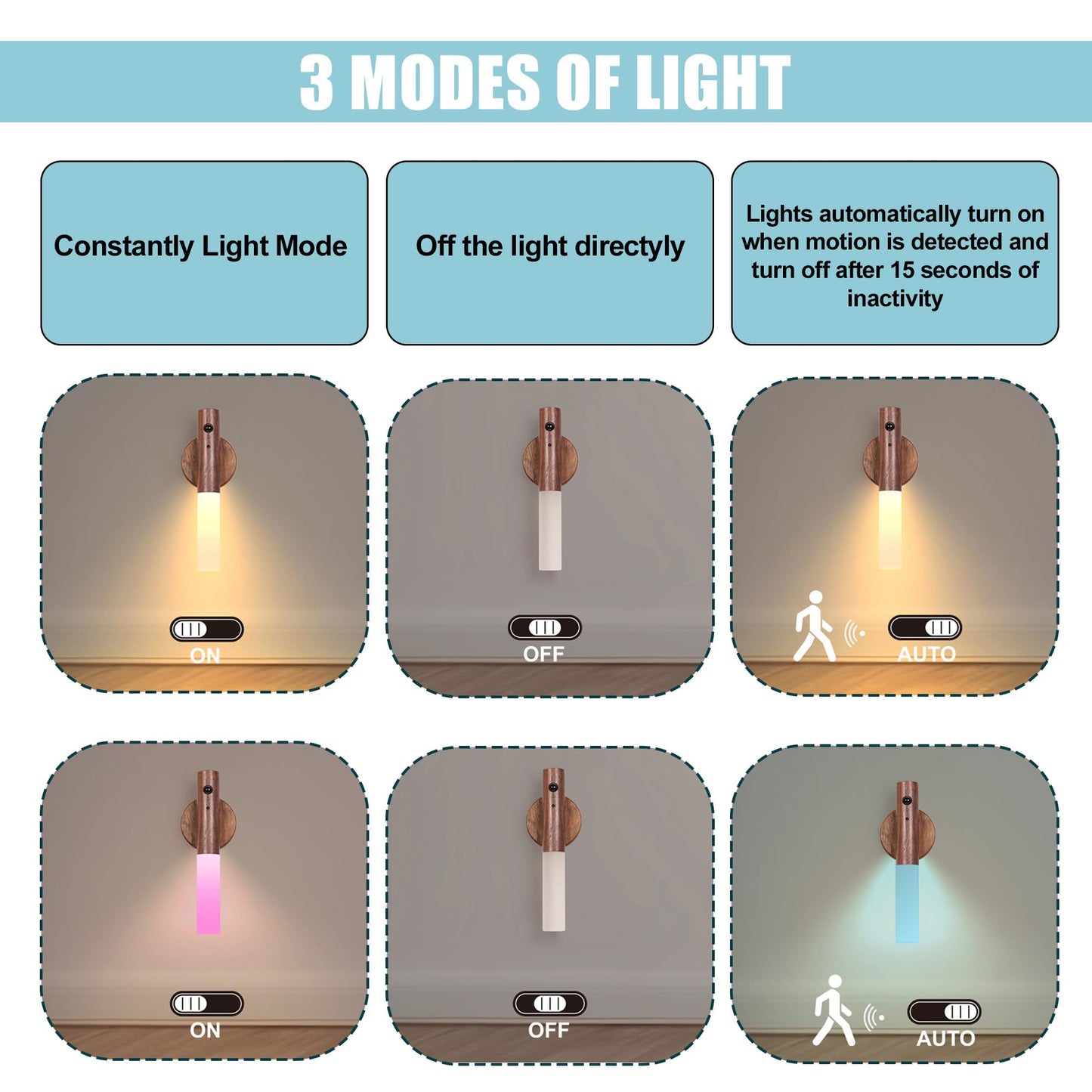 Landgoo Modern Wood Wall Sconce With Motion Sensor & Rgb Led Lights  Wireless Battery Operated Indoor Lighting For Living Room/Kitchen D?Cor