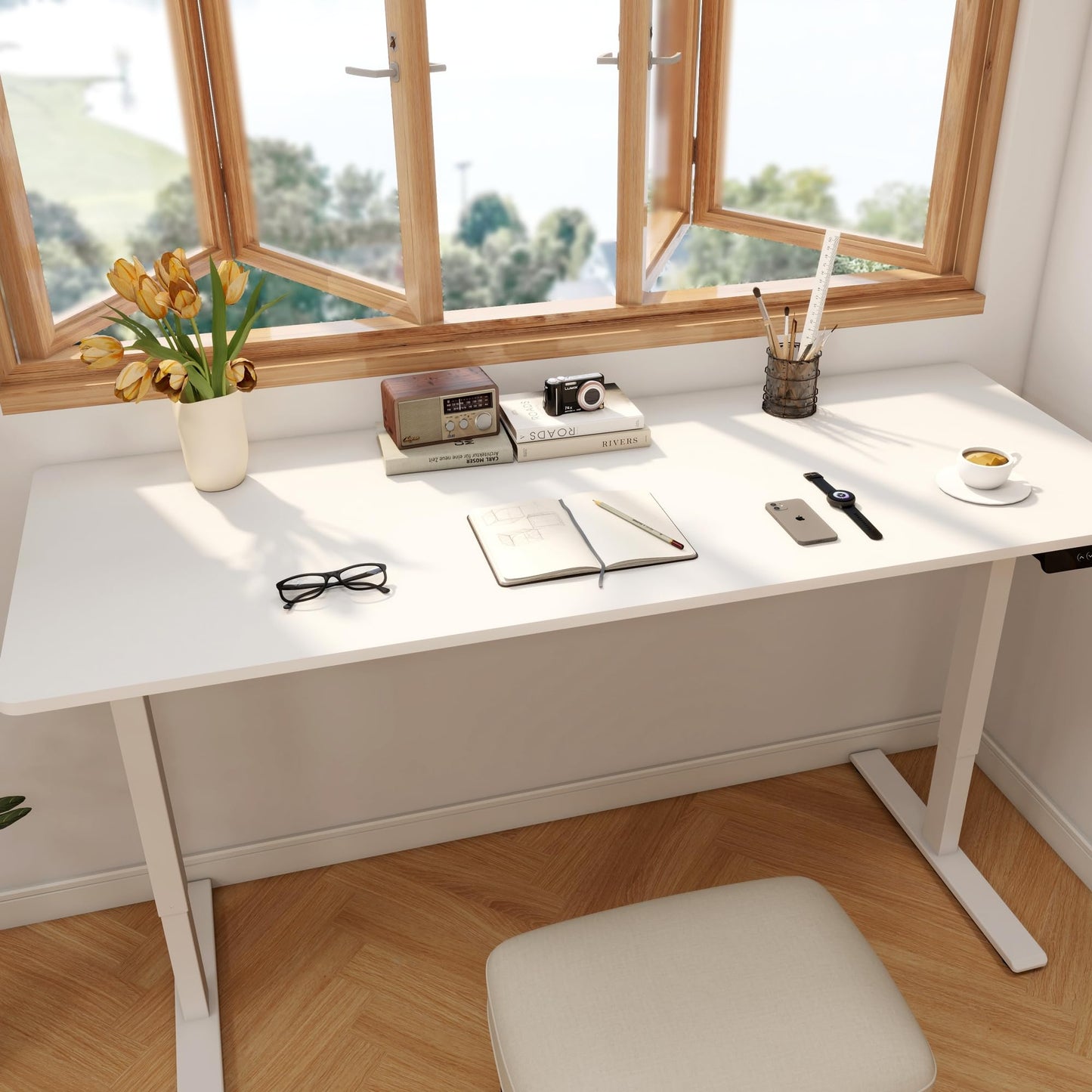 FLEXISPOT 79x32 Inch Large Dual Motor Electric Standing Desk, White - Computer Desk with Memory Controller, Home Office Desk with Splice Board