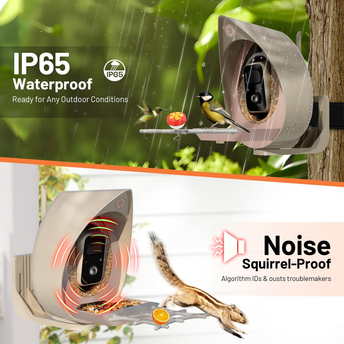 Smart Bird Feeder with Camera Solar Powered Outdoor - 2K HD Live Video, AI Bird ID (11,000+ Species), Squirrel-Proof, Instant Alerts & IP65 Weatherproof Outside, Great Gift for Birdlovers,Light Camel