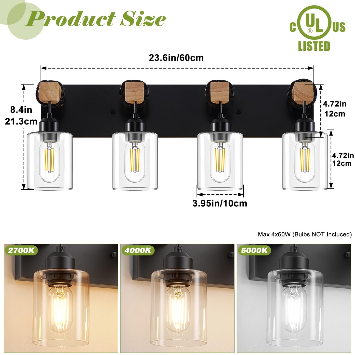 Licperron 4-Lights Farmhouse Vanity Lights For Bathroom  Matte Black Bathroom Light Fixtures With Clear Glass Shade  Rustic Wood Wall Lighting Fixtures Over Mirror For Bedroom  Living Room  Hallway