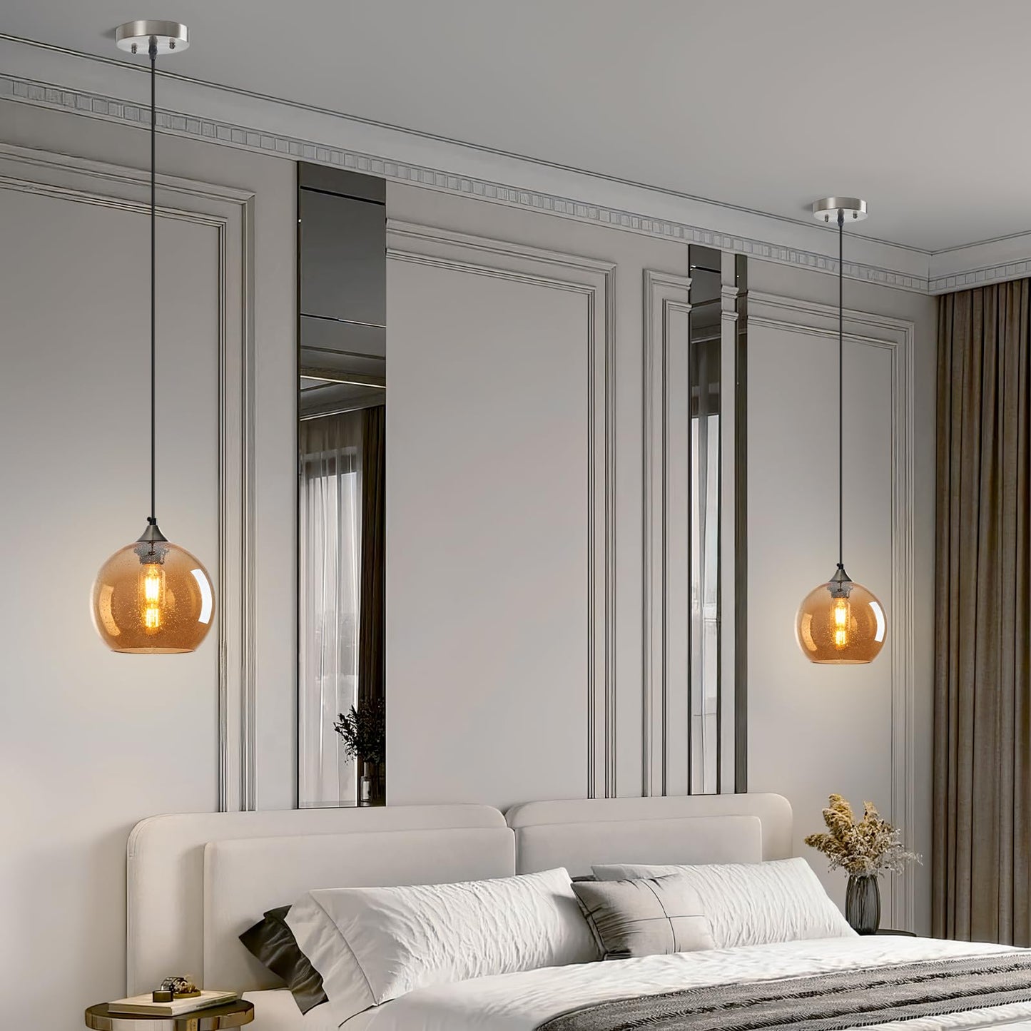 Lbsqj Amber Glass Pendant Lights Kitchen Island Lighting Globe Pendant Light Fixtures Modern Pendant Lighting For Bedroom Living Dining Room Light Fixture (7.87 In  2 Pack)