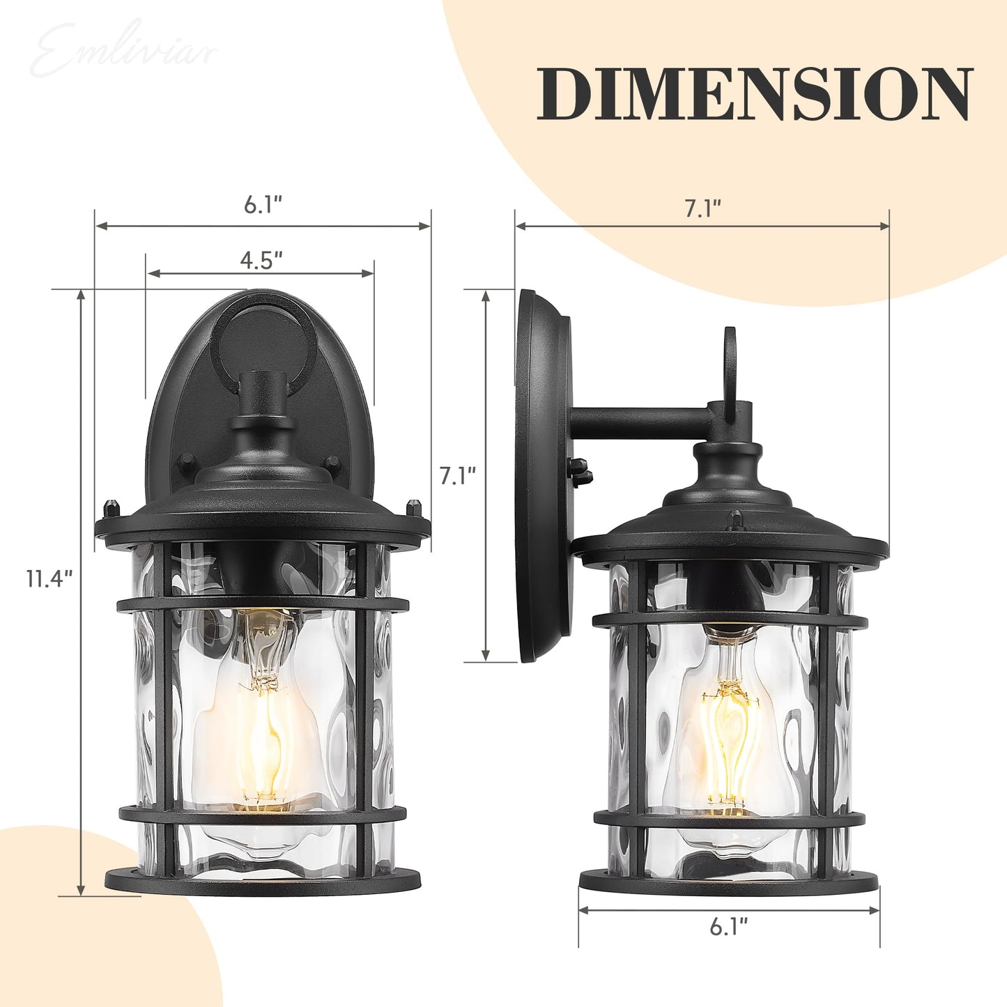 Emliviar 1-Light Outdoor Wall Mounted Lighting  Matte Black Outside Porch Light  11.4 Aluminum Carriage Light With Water Ripple Glass  Xe229Bs Bk-Wg