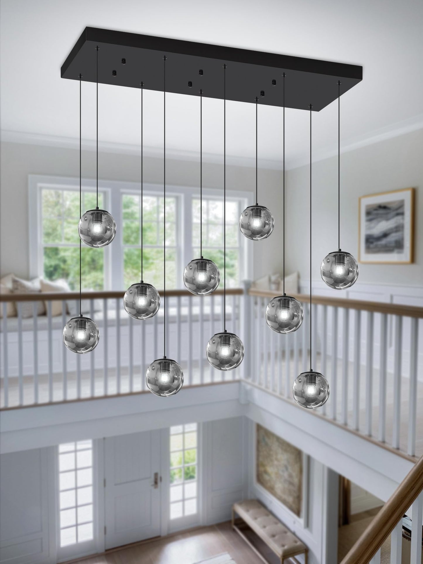 Ykolupty Rectangular Chandelier Smoke Gray Chandelier For Dining Room Large Chandeliers For High Ceiling 10-Lights Entryway Modern Lighting Fixture Globe Pendant Light For Living Room Foyer Hallway