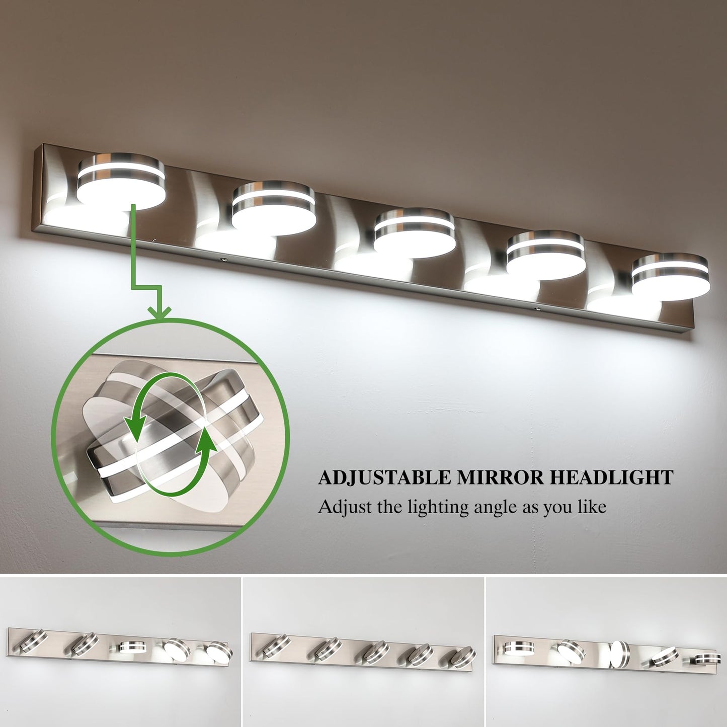 Bicrink Brushed Nickel Bathroom Light Fixtures Over Mirror  5-Light Bathroom Vanity Light  Led Dimmable Bath Lights  Modern Wall Mounted Lighting Fixture With Rotating Lamp Head
