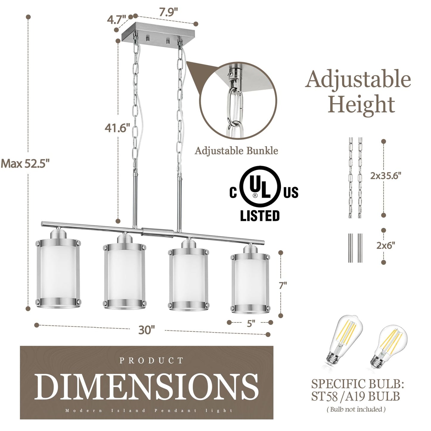 Osimir 4-Light Kitchen Island Lighting  Brushed Nickel Linear Dining Room Light Fixtures With Frosted Glass  Modern Industrial Chandelier Pendant Light For Kitchen Island Dining Room  Os-3014-4Isbnw