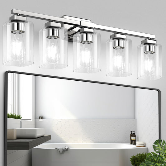 Beslowe 5-Light Bathroom Light Fixtures  Modern Chrome Bathroom Vanity Light  Bathroom Lighting Fixtures Over Mirror  Nickel Bathrom Wall Lamp  Wall Lights For Living Room Bedroom Hallway