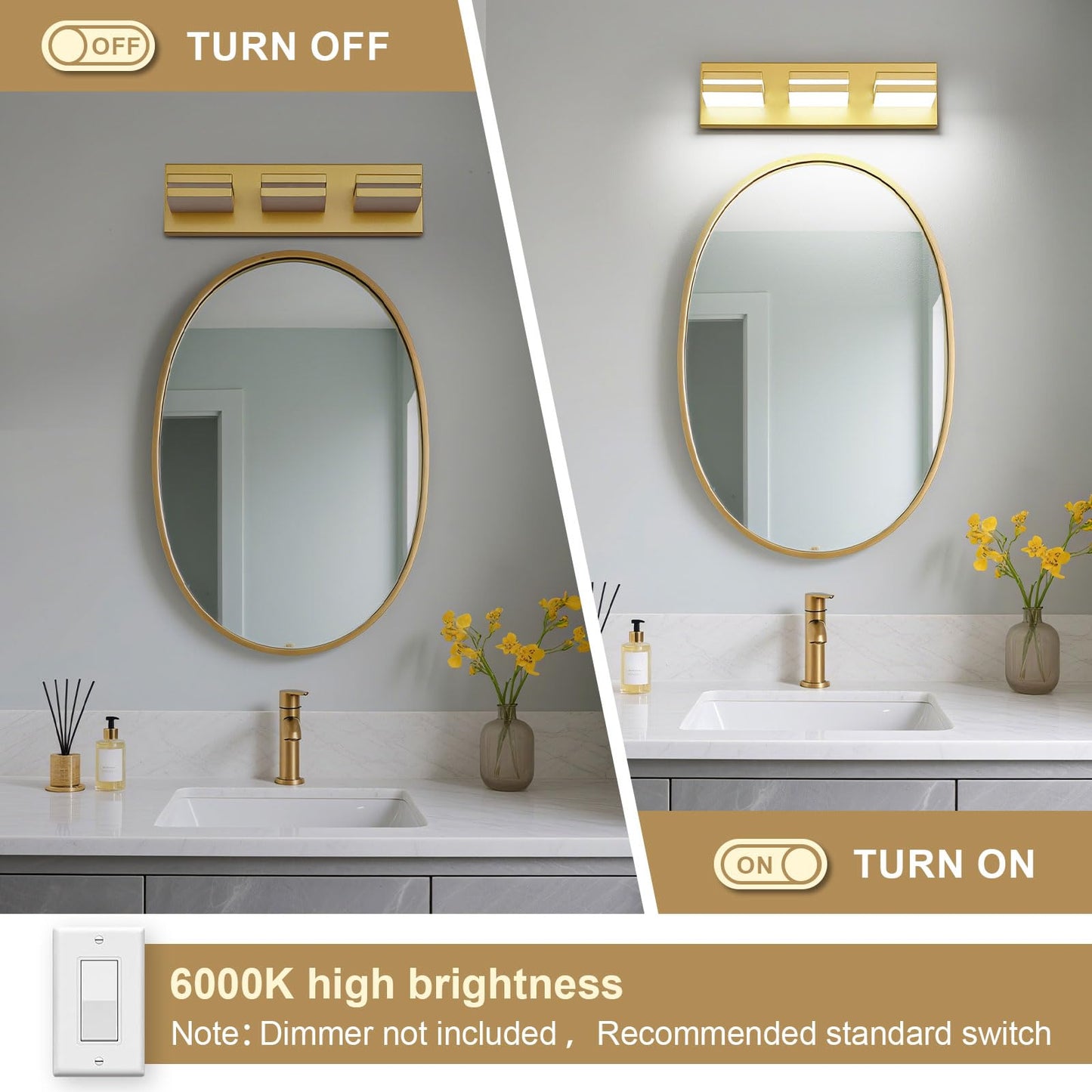 Jzekvn Modern Led Bathroom Lights Fixtures(3-Light) Metal Gold Acrylic Wall Lighting Vanity Lights For Bathroom Over Mirror 6000K 16In
