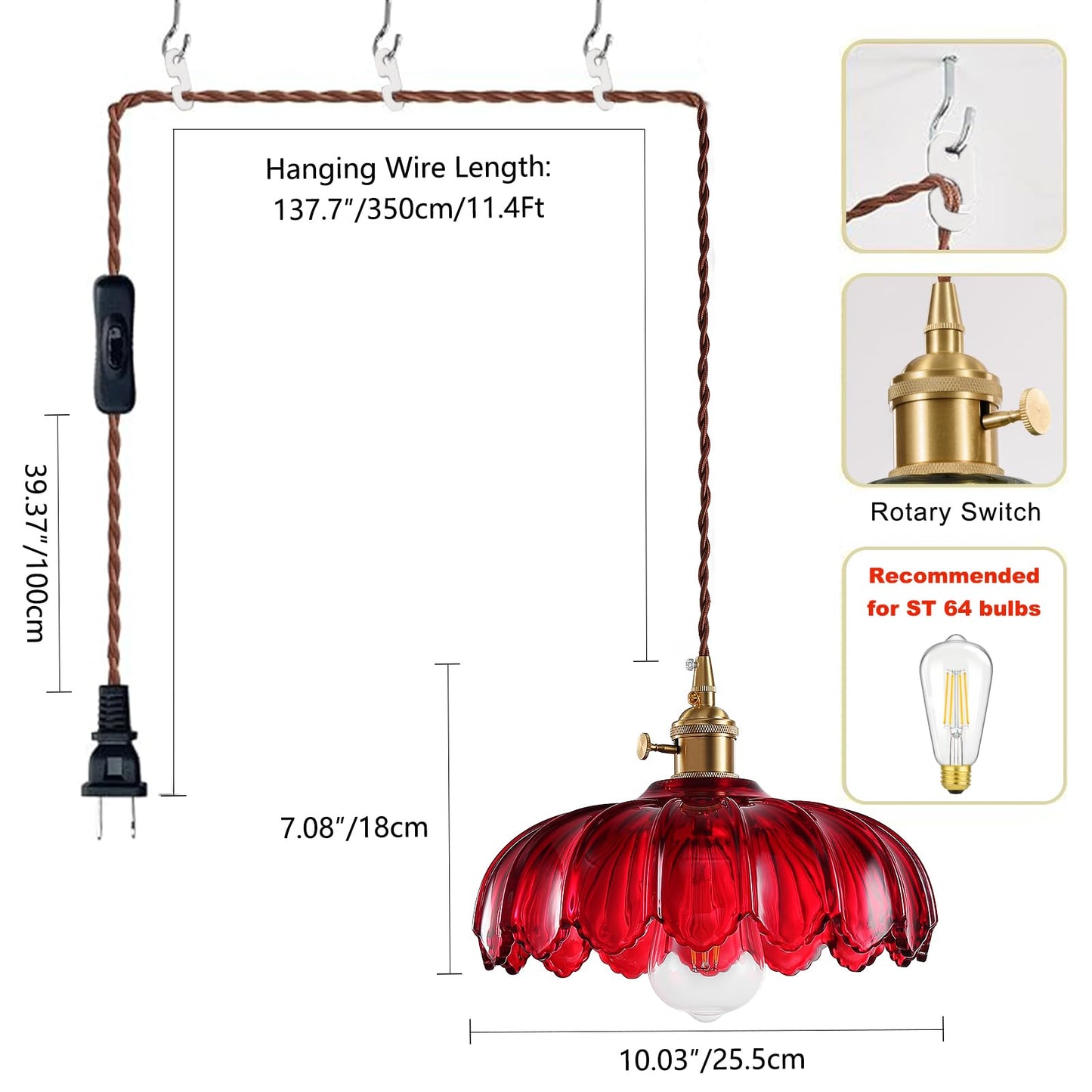Xzhgcee Plug In Pendant Light: Hanging Light Plug In Fixture Red Glass Hanging Lamp  Pendant Lighting For Kitchen Island  Bedroom  Dining Room  Living Room  E26 No Bulb