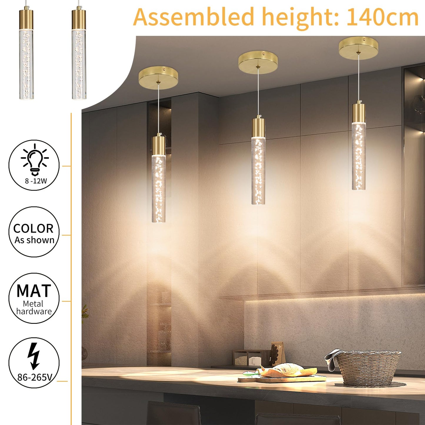 3 Pack Modern Kitchen Island Hanging Light  Gold Led Pendant Lights Fixture  Bubble Acrylic  3 Color Temperatures  Mini Ceiling Chandelier Lighting For Dining Room  Bedroom  Foyer Entrance  Cafe Bar