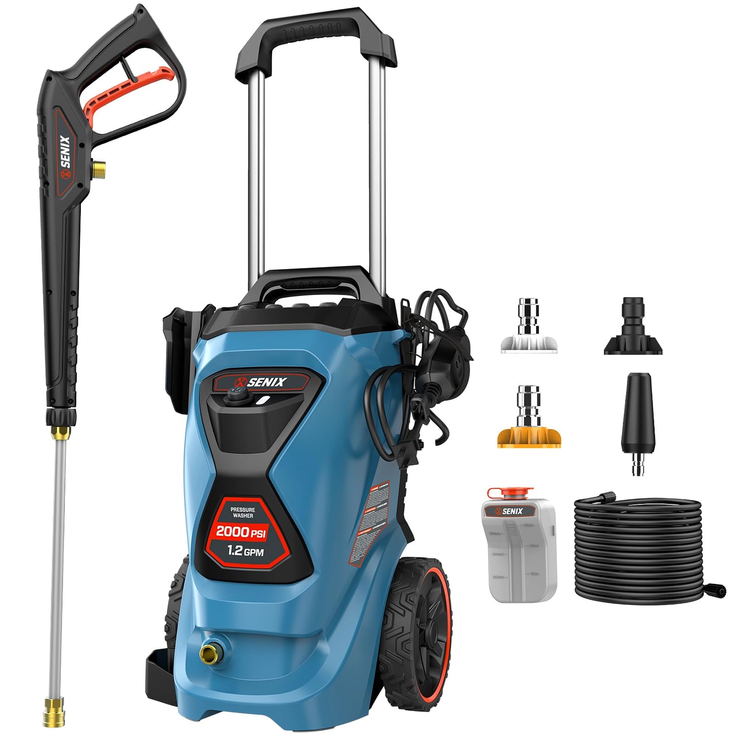 SENIX 2000 PSI Electric Pressure Washer, 1.2 GPM Compact Power Cleaner w/ 4 Nozzles, 25ft Hose & 35ft Cord. Portable High-Pressure Sprayer for Cars, Driveways, Patios, Decks & Home Outdoor Use